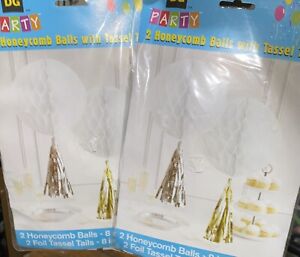 DG Party 2 White Honeycomb Balls With Gold/Silver Foil Tassel Tails 4- 8in Party