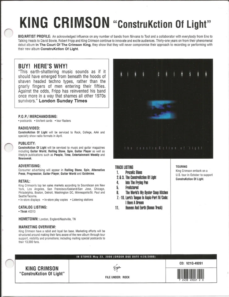 Póster de anuncio comercial promocional King Crimson vintage 2000 para construcción como nuevo 8,5x11 Foto 1 de 1