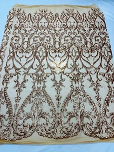 Damask Design Matte Gold Sequin Fabric On Mesh 4Way Stretch Lace By The Yard - Picture 1 of 3