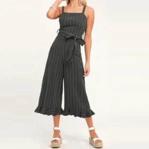 Honey Punch Striped Tie Waist Cropped Pant Jumpsuit Ruffle Detail Size Large - Picture 1 of 12