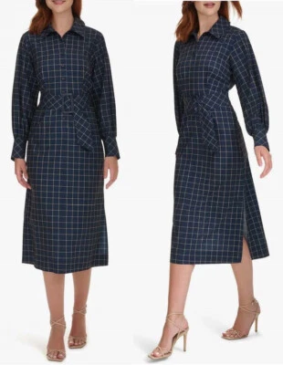 NWT CALVIN KLEIN Midi Shirtdress  Long Sleeve Windowpane Dark Navy/Beige Size 12 - Image 1 of 4