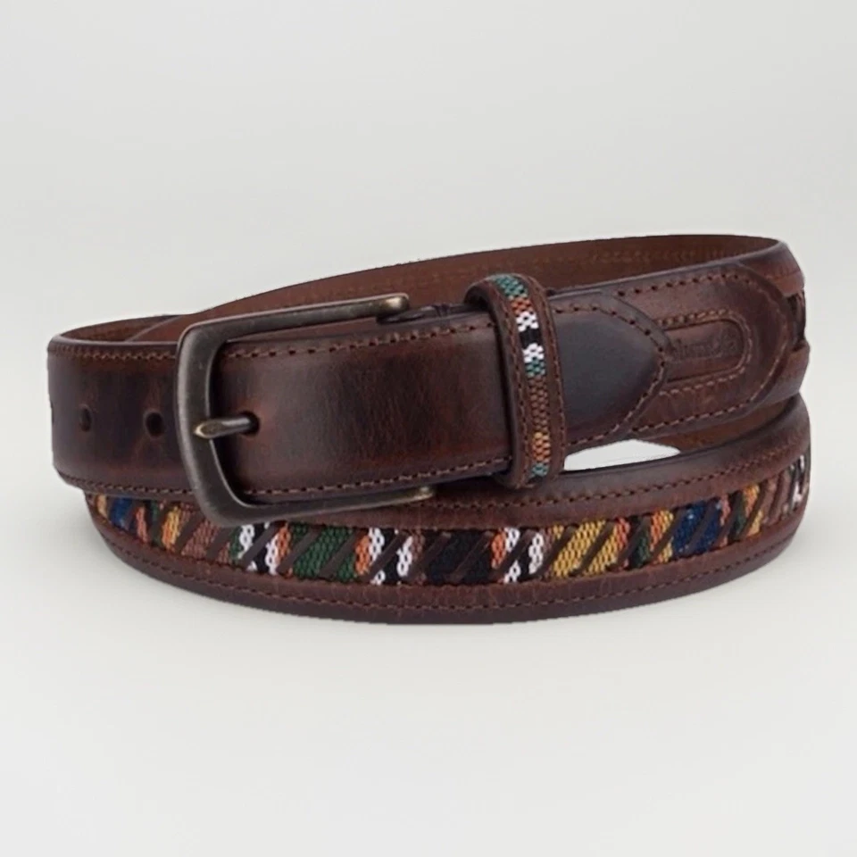 Cinturón Baja de cuero marrón Columbia vintage con incrustación de tela guatemalteca talla 38 Foto 1 de 4