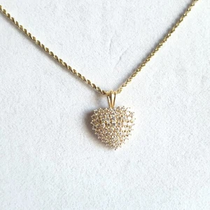 Vintage Solid 14k Yellow Gold Chain And Large DQ CZ Cluster Heart Pendant - Picture 1 of 11
