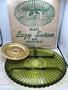 Indiana Glass 2pc Olive Glass & Brass Lazy Susan with Original Box #2835 Vintage - Picture 1 of 4