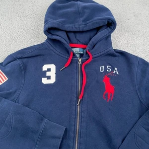 VTG Polo Ralph Lauren Hoodie Mens XL Blue Full Zip USA Flag Big Pony Sweatshirt - Picture 1 of 9