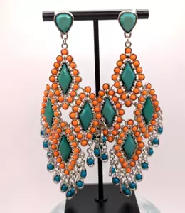 Bohemian Chic Orange and Blue Turquoise-color Chandelier Drop Statement Earrings - Picture 1 of 1