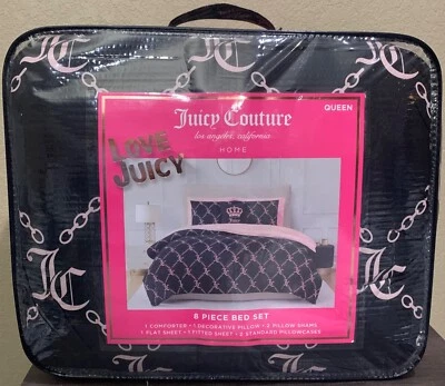 Juicy Couture Black/Pink JC Monogram 8pc QUEEN Set Comforter,Shams,Sheets,Pillow - Image 1 of 4