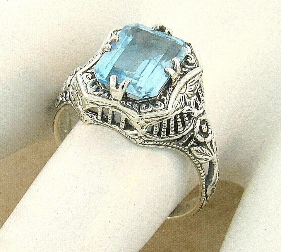 ART DECO STYLE GENUINE SKY BLUE TOPAZ 925 STERLING SILVER FILIGREE RING     174X - Image 1 of 1
