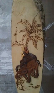 Pyrography Embossed Raw Edge Wood Asian Chinese Wall Art Plaque Vintage - Picture 1 of 6