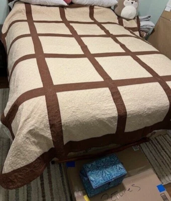 Vintage Handmade Quilted Brown and Tan Rose Bouquet Pattern Queen Size Coverlet - Image 1 of 4