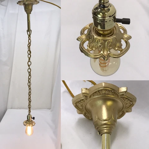 Antique Vtg Victorian Art Deco Pendant Light Ceiling Hanging 1920's Gold, Chain Cover