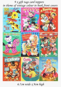 Vintage Retro Kids Colouring Book Cover Themes - 9 x Gift Tag Card Topper Craft - Picture 1 of 2
