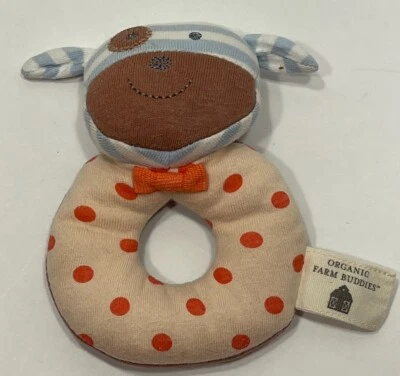 Organic Farm Buddies Plush Dog Hand Held Rattle Stripes Dots Bow - Image 1 of 4