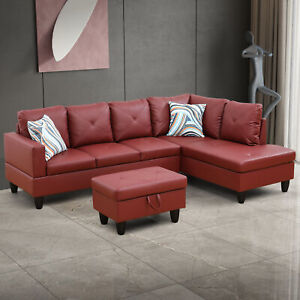 Modern Red L-Shaped Sectional Sofa Set PU Leather Living Room Couch w/ Ottoman