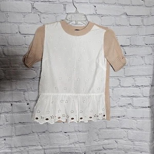 J.Crew Womens Top Size XXS Colorblock Peplum Eyelet Sweater Top Ivory Beige - Picture 1 of 6