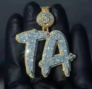 925 Silver D/VVS Real Moissanite Mens Custom "TA" Letter Dollar Loop Pendant - Picture 1 of 6