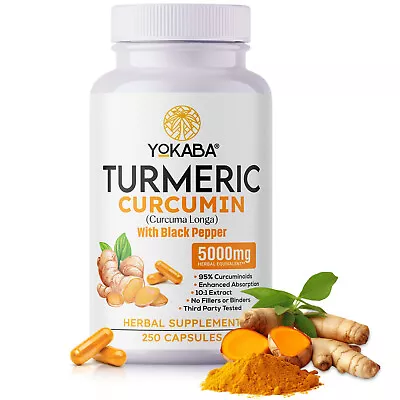250 Capsules Turmeric Curcumin 5000mg Herbal Extract with BioPerine by YOKABA - Image 1 of 4