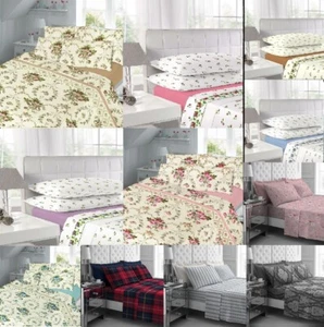 100% Brushed Cotton Thermal Flannelette Printed Plain Sheet Set & Pillow cases - Picture 1 of 92