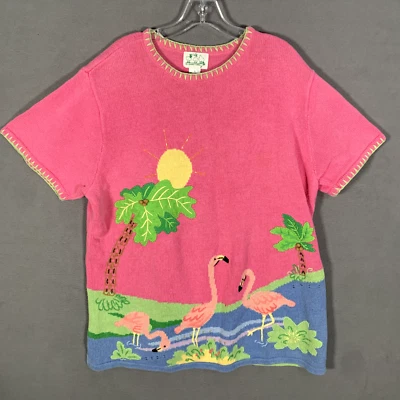 The Quacker Factory Sweater Womens 1X Tropical Pink Flamingos Short Sleeve - Image 1 of 4