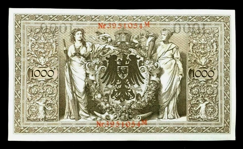 Authentic Historical 1910 Germany 1000 Mark Bank Note with RED SEAL - WWI Bill Cover