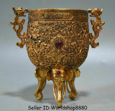 4.8" Unique Old Bronze 24K Gold Gilt Dynasty Dragon Ears goblet drinking cup