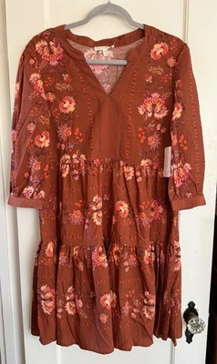 NWT Anthropologie Fig Flower Boho Woven Tiered Dress 3/4 Sl L XL Floral Fall - Image 1 of 2