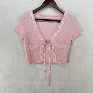 Top Womens XS Pastel Pink Knit Cropped Lace Coquette Twee Y2K Cardigan Soft Girl - Picture 1 of 8