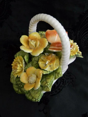 Lovely Vintage Porcelain Basket w/Porcelain Flowers~Adalt Japan Cover