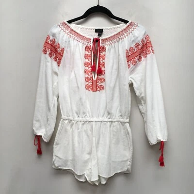 J Crew Womens White Red Embroidered Tasseled Gauze Cotton Beach Short Romper XXS - Image 1 of 4