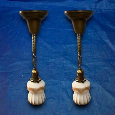 Pair Brass Pendant Light Fixtures With Shades Wow! 48F - Image 1 of 4