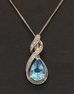 9 Carat White Gold Blue Topaz & Diamond Pendant & Curb Necklet 18" (80.25.317) - Picture 1 of 5