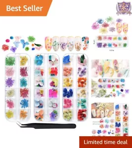 Colorful 132Pcs Dried Flower Nail Art Stickers with Tweezers - DIY Floral Fun - Picture 1 of 9