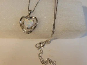 Sterling Silver Micro Pave Lab Created White Fire Opal Swirl Heart Pendant - Picture 1 of 11
