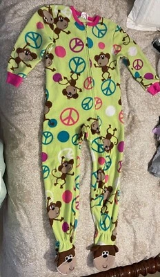 Girls Circo size XS Multi colored monkey peace sign zip up Footed Pajamas  - Image 1 of 3