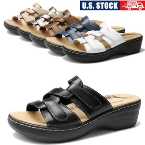 Women Arch Support Slide Sandals Lightweight Beach Vacation Low Wedge Sandals - Picture 1 of 44