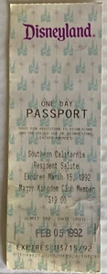 1992 Vintage Disneyland One Day Passport Ticket Stub February 2 1992 Walt Disney - Picture 1 of 5