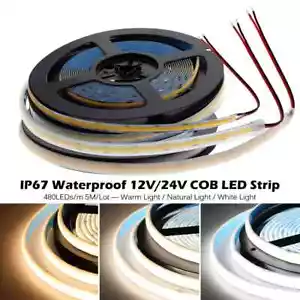 COB LED Strip Light 480 LEDs High Density IP67 Waterproof Flexible DC12V 24V 5M - Picture 1 of 23