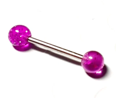 Barbell Tongue Nipple Acrylic/Steel 14 Gauge 5/8" 6mm Glitter Purple SET of 2 - Image 1 of 3