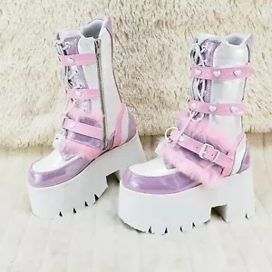 Ashes 120 Pink Faux Fur 3.5 Platform Heel Cosplay Punk Festival Boots NY DEMONIA - Picture 1 of 12