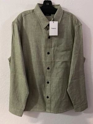 Theory 100% Linen Shirt Mens XL Olive Irving Long Sleeve Button Down NEW $245 - Image 1 of 4