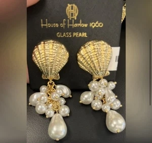 House of Harlow 1960 NWT Gold Seashell and Glass Pearl Earrings Retails $95 - Picture 1 of 3