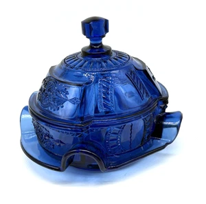 Imperial Glass Cobalt Blue Covered Candy Butter Cheese Dish MCM Vintage 1950s - Picture 1 of 13