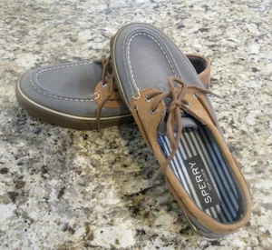 SPERRY TOPSIDER BOAT SHOES MENS SIZE 8M BROWN LEATHER & GRAY CANVAS 2 EYELET - Picture 1 of 7