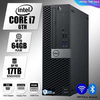 DELL Desktop Computer PC i7 6TH,up to 64GB RAM,17TB SSD HDD,Windows 10/11, WiFi - Image 1 of 4