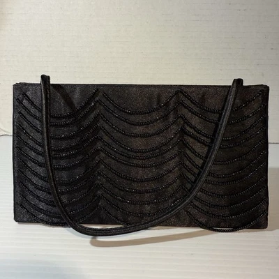 Victoria’s Secret Black Satin & Beaded Evening Cocktail Bag Purse  7”W X 4”H X 2 - Image 1 of 4
