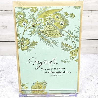 Hermosa tarjeta de felicitación Hallmark 25 aniversario 5x7 esposa azul oro joya Foto 1 de 4