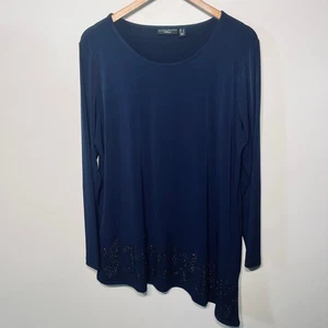 Susan Graver Artisan Tunic Top  Navy Blue Knit Asymmetrical Bead Embellished L - Picture 1 of 6