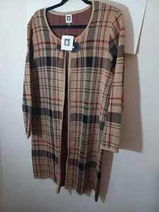 Ann Klein braun karierte knielange Strickjacke Schnallenverschluss mit Etikett Gr. XL  - Bild 1 von 15