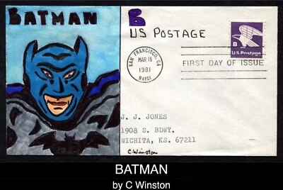 1981 C WINSTON Hand Drawn & Painted BATMAN Superhero First Day Cover  FDC - Image 1 of 4