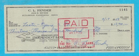 Leo Fender Signed 1968 Business Check Made For $13,900.00 Stratocaster Inventor Cover